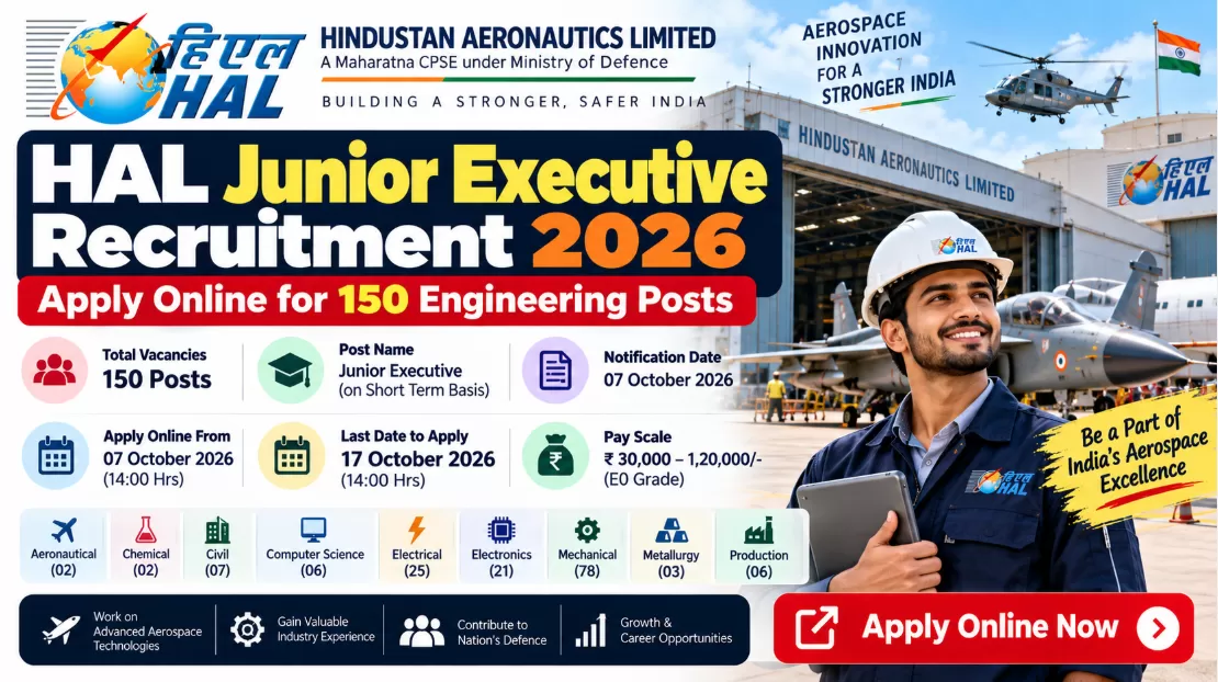HAL Junior Executive Recruitment 2026: Apply Online for 150 Engineering Posts