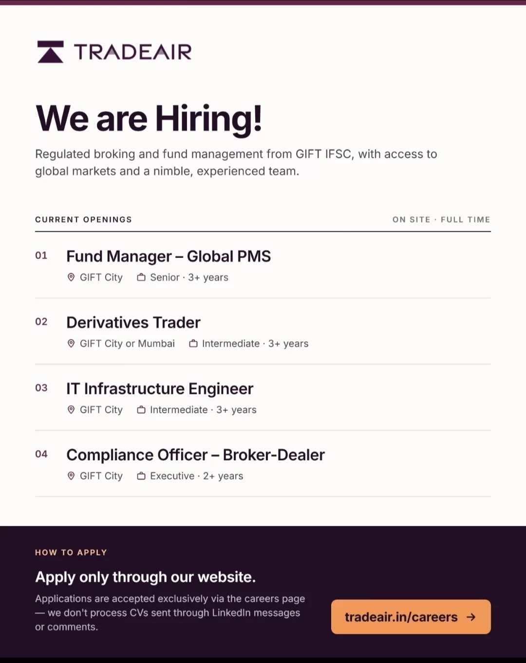 TradeAir Hiring 2026: Fund Manager, Derivatives Trader, IT Infrastructure Engineer & Compliance Officer