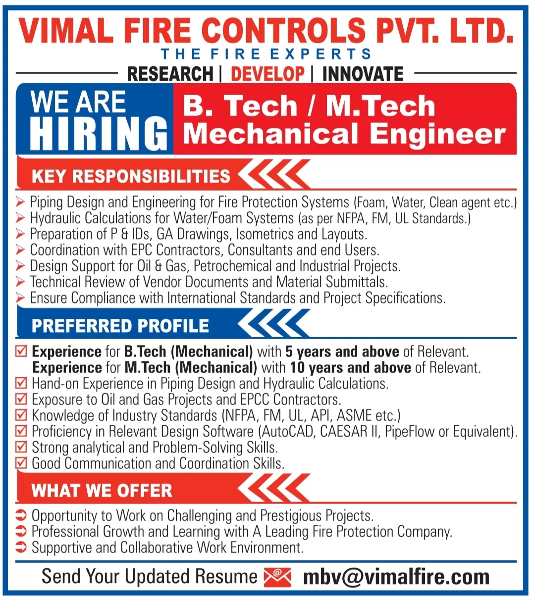 Vimal Fire Controls Pvt. Ltd. Recruitment 2026: B.Tech / M.Tech Mechanical Engineer